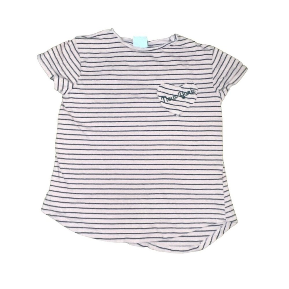 Zara Girls Asymmetrical Top Size 8 Pink Black Stripped Short Sleeve Shirt ($15)
